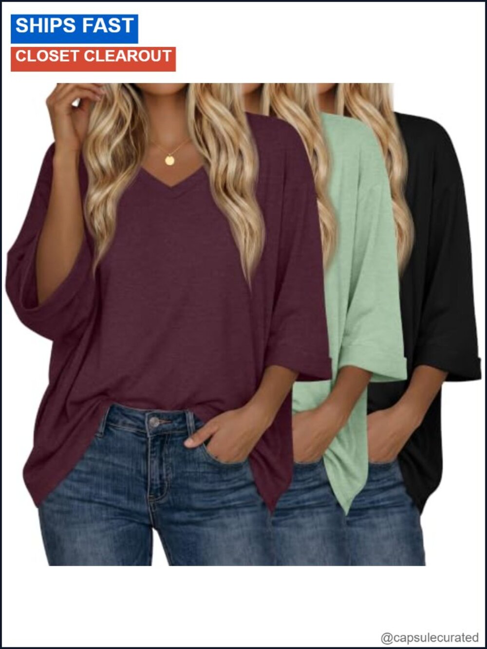 3 Pack Cotton Spandex V Neck 3/4 Sleeve Loose Fit Tees